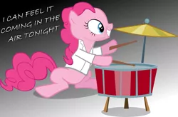 Size: 1997x1312 | Tagged: safe, artist:ahumeniy, artist:grapefruitface1, derpibooru import, edit, vector edit, pinkie pie, ponified, pony, clothes, crossover, drummer, drums, gradient background, in the air tonight, mashup, music, musician, phil collins, solo, song reference, vector