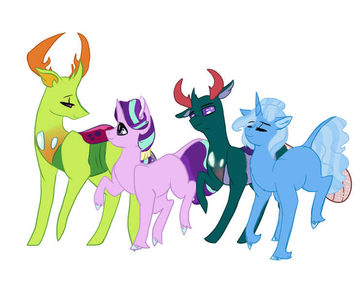 Size: 1280x1024 | Tagged: safe, artist:arirain, derpibooru import, pharynx, starlight glimmer, thorax, trixie, changedling, changeling, pony, unicorn, changedling brothers, eye contact, female, glimax, king thorax, looking at each other, male, mare, phartrix, prince pharynx, shipping, stallion, straight, table, unshorn fetlocks