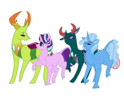 Size: 1280x1024 | Tagged: safe, artist:arirain, derpibooru import, pharynx, starlight glimmer, thorax, trixie, changedling, changeling, pony, unicorn, changedling brothers, eye contact, female, glimax, king thorax, looking at each other, male, mare, phartrix, prince pharynx, shipping, stallion, straight, table, unshorn fetlocks