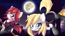 Size: 3840x2162 | Tagged: safe, artist:an-m, derpibooru import, oc, oc:aryanne, oc:leonie, unofficial characters only, cat, earth pony, mouse, pony, aryan, aryan pony, blonde, blushing, broom, clothes, cloud, colored pupils, costume, duo, female, flying, flying broomstick, happy, looking at you, mare, moon, nazipone, night, open mouth, panties, red hair, skirt, skirt lift, smiling, socks, underwear, witch