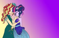 Size: 3850x2450 | Tagged: safe, artist:missmayaleanne, derpibooru import, sci-twi, sunset shimmer, twilight sparkle, equestria girls, legend of everfree, clothes, crystal gala, crystal gala dress, dancing, dress, eyes closed, female, freckles, glasses, lesbian, scitwishimmer, shipping, sunsetsparkle