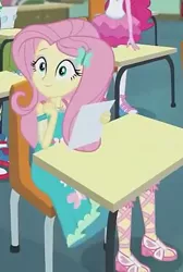 Size: 317x472 | Tagged: safe, derpibooru import, screencap, fluttershy, equestria girls, equestria girls series, barrette, clothes, cropped, cute, dress, feet, female, hairpin, hat, sandals, shyabetes, sitting, skirt, smiling, solo focus, test, toes
