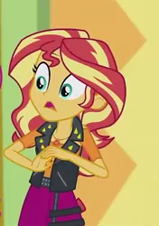 Size: 476x676 | Tagged: safe, derpibooru import, screencap, sunset shimmer, a fine line, equestria girls, equestria girls series, clothes, cropped, female, geode of empathy, jacket, leather jacket, magical geodes, skirt, solo