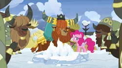 Size: 1280x720 | Tagged: safe, derpibooru import, screencap, pinkie pie, prince rutherford, earth pony, pony, yak, not asking for trouble, cloven hooves, crown, ear piercing, earring, female, horn ring, jewelry, male, mare, open mouth, piercing, regalia, snow