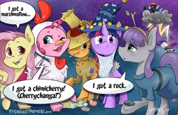 Size: 2000x1294 | Tagged: safe, artist:midnightpremiere, derpibooru import, applejack, fluttershy, maud pie, pinkie pie, rainbow dash, rarity, twilight sparkle, bat pony, pony, animal costume, charlie brown, chicken pie, chicken suit, cliche, clothes, costume, dialogue, flutterbat, halloween, holiday, i got a rock, it's the great pumpkin charlie brown!, mane six, meme, nightmare night, old joke, overused joke, race swap, shadowbolt dash, shadowbolts costume, speech bubble