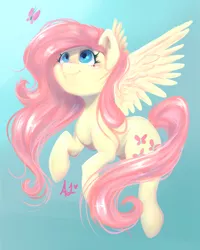 Size: 2000x2500 | Tagged: safe, artist:thefluffyvixen, derpibooru import, fluttershy, butterfly, pegasus, pony, female, flying, gradient background, looking at something, looking up, mare, smiling, solo, spread wings, wings