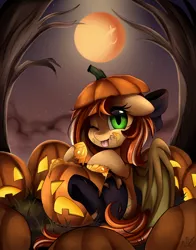 Size: 2152x2747 | Tagged: safe, artist:pridark, derpibooru import, part of a set, oc, oc:pumpkin patch, unofficial characters only, bat pony, bat pony oc, commission, cute, fangs, full moon, halloween, holiday, jack-o-lantern, moon, night, ocbetes, pumpkin, smiling, solo, stars, tongue out, tree, wings