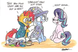 Size: 2305x1559 | Tagged: safe, artist:bobthedalek, derpibooru import, starlight glimmer, sunburst, trixie, twilight sparkle, pony, unicorn, uncommon bond, :p, body pillow, brush, cape, clothes, comb, cricket ball, dialogue, female, frown, glare, glasses, hammerspace hair, hat, looking at each other, magic, male, mare, open mouth, pillow, rubik's cube, shrunken pupils, simple background, sitting, stallion, tongue out, traditional art, trixie's cape, trixie's hat, unamused, watching, white background, wide eyes