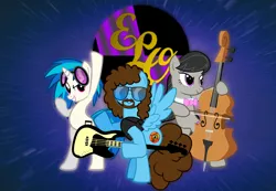 Size: 2316x1603 | Tagged: safe, artist:grapefruitface1, artist:likonan, artist:wishdream, derpibooru import, octavia melody, vinyl scratch, oc, ponified, ponified:jeff lynne, earth pony, pegasus, pony, unicorn, bass guitar, bow (instrument), cello, cello bow, complex background, electric guitar, electric light orchestra, elo, equestria light orchestra, female, group, group photo, guitar, jeff lynne, logo, male, mare, music, musical instrument, space, stallion, stars, sunglasses, trio, wallpaper