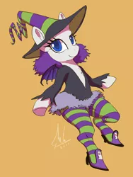 Size: 600x800 | Tagged: safe, artist:raikoh, derpibooru import, rarity, pony, unicorn, bipedal, clothes, costume, crossover, female, halloween, halloween costume, hat, high heels, holiday, looking at you, mare, orange background, scary godmother, shoes, simple background, smiling, socks, solo, striped socks, tabitha st. germain, voice actor joke, wings, witch, witch hat