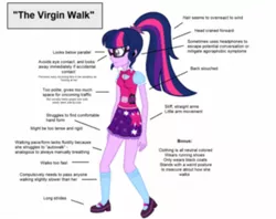 Size: 1366x1080 | Tagged: artist needed, source needed, safe, derpibooru import, sci-twi, twilight sparkle, equestria girls, blurry, clothes, female, glasses, mary janes, meme, picture taken with a potato, ponytail, shoes, skirt, socks, solo, text, virgin walk