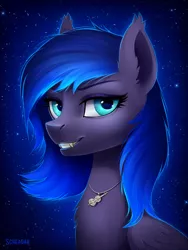 Size: 900x1200 | Tagged: safe, artist:scheadar, derpibooru import, oc, oc:nyreen, unofficial characters only, pony, bust, fangs, female, grin, mare, portrait, smiling, solo