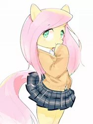 Size: 1451x1933 | Tagged: artist:30clock, clothes, cute, dawwww, derpibooru import, female, fluttershy, looking at you, looking back, mare, moe, pegasus, safe, semi-anthro, shyabetes, simple background, skirt, skirt lift, smiling, solo, sweater, sweatershy, white background