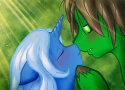 Size: 774x561 | Tagged: safe, artist:aprion, derpibooru import, trixie, oc, blushing, canon x oc, kissing