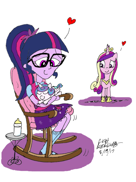 Size: 1375x1833 | Tagged: safe, artist:newportmuse, derpibooru import, princess cadance, princess flurry heart, sci-twi, twilight sparkle, equestria girls, auntie twilight, babysitting, best aunt ever, foalsitting, heart, rocking chair