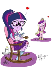 Size: 1375x1833 | Tagged: safe, artist:newportmuse, derpibooru import, princess cadance, princess flurry heart, sci-twi, twilight sparkle, equestria girls, auntie twilight, babysitting, best aunt ever, foalsitting, heart, rocking chair