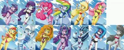 Size: 5172x2108 | Tagged: suggestive, artist:the-butch-x, derpibooru import, adagio dazzle, applejack, aria blaze, fluttershy, octavia melody, pinkie pie, rainbow dash, rarity, sonata dusk, sunset shimmer, trixie, twilight sparkle, twilight sparkle (alicorn), vinyl scratch, alicorn, equestria girls, rainbow rocks, absurd resolution, arm band, armband, armpits, athletic tape, bandeau, bangles, barefoot, beach, beads, bedroom eyes, belly button, bicolor swimsuit, bikini, black swimsuit, blue swimsuit, blushing, bowtie, bracelet, breasts, busty adagio dazzle, busty applejack, busty aria blaze, busty fluttershy, busty octavia, busty pinkie pie, busty rainbow dash, busty rarity, busty sonata dusk, busty sunset shimmer, busty trixie, busty twilight sparkle, busty vinyl scratch, choker, cleavage, clothes, cloud, cloudy, compilation, compression shorts, cuffs (clothes), curvy, cutie mark, cutie mark on equestria girl, devil horn (gesture), ear piercing, earbuds, earring, embarrassed, feet, female, females only, fingerless gloves, flower, flower in hair, frilled swimsuit, frilly, gem, gloves, green swimsuit, grin, hair accessory, hand on hip, happy, hat, humane five, humane seven, humane six, jeweled swimsuit, jewelry, jumping, lace, looking at you, mane six, midriff, music player, nail polish, necklace, o-ring swimsuit, ocean, one-piece swimsuit, peace sign, piercing, pink swimsuit, polka dot swimsuit, ponytail, purple swimsuit, rainbow, rainbowhips, raised eyebrow, red swimsuit, ribbon, scrunchie, shy, side-tie bikini, siren gem, smiling, smirk, spiked wristband, stars, striped swimsuit, stripes, sunglasses, sweatband, swimsuit, the dazzlings, tongue out, tricolor swimsuit, wall of tags, water, wet, wet hair, wide hips, wristband, x summer