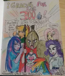 Size: 819x960 | Tagged: safe, derpibooru import, applejack, fluttershy, pinkie pie, rainbow dash, rarity, twilight sparkle, equestria girls, 300, argentina, argentina is white, cape, clothes, helmet, image macro, meme, spanish, this is sparta, traditional art