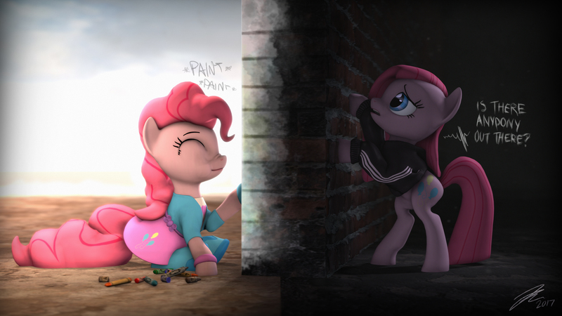 Size: 9600x5400 | Tagged: 3d, absurd resolution, adaptation, adidas, artist:flutterthrash, artist:imafutureguitarhero, boots, clothes, crayons, derpibooru import, dialogue, dress, duality, duo, equestria girls outfit, fog, happy, hoodie, painting, pinkamena diane pie, pink floyd, pinkie pie, rearing, recursive fanart, sad, self ponidox, semi-grimdark, shirt, shoes, signature, sitting, smiling, source filmmaker, talking, the wall, tracksuit, wall, wallpaper, wristband