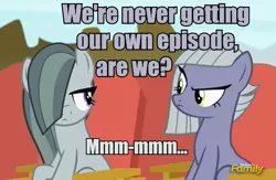 Size: 665x434 | Tagged: safe, derpibooru import, edit, edited screencap, screencap, limestone pie, marble pie, earth pony, pony, rock solid friendship, colored text, duo, image macro, looking at each other, meme, meta, nope, sitting, unamused