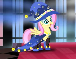 Size: 1020x793 | Tagged: safe, artist:user15432, derpibooru import, fluttershy, pegasus, pony, clothes, costume, dress up, dress up game, dressup, female, halloween, halloween costume, hasbro, hasbro studios, hat, holiday, mare, my little pony, shoes, stockings, thigh highs, witch, witch hat, wizard, wizard hat