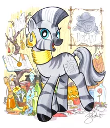 Size: 2657x3091 | Tagged: artist:andypriceart, beauty and the beast, book, candle, cauldron, colored pencil drawing, cute, derpibooru import, dreary, edit, editor:dsp2003, female, flower, jewelry, looking at you, mare, marker drawing, pumpkin, rose, safe, smiling, solo, traditional art, zebra, zecora, zecorable