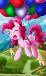 Size: 2700x4500 | Tagged: safe, artist:danmakuman, derpibooru import, pinkie pie, earth pony, pony, absurd resolution, balloon, eyes closed, female, floating, mare, open mouth, ponyville, scenery, solo, then watch her balloons lift her up to the sky