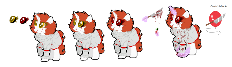 Size: 1758x512 | Tagged: grimdark, artist:nikkitatheanimefan, derpibooru import, ponified, pony, unicorn, blood, clothes, eye, it, knife, pennywise, reference sheet, simple background, solo, transparent background