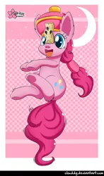 Size: 586x1000 | Tagged: safe, artist:clouddg, derpibooru import, pinkie pie, earth pony, pony, cute, diapinkes, female, hat, hopping, jiangshi, mare, ofuda, open mouth, paper, paper talisman, solo, underhoof