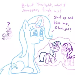 Size: 1024x1024 | Tagged: safe, artist:solarfm, derpibooru import, starlight glimmer, trixie, twilight sparkle, pony, unicorn, dialogue, doll, female, glowing horn, lesbian, shipper on deck, shipping, the great and powerful shipper, toy, twistarlight