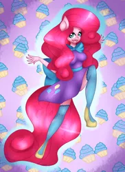 Size: 1024x1408 | Tagged: anthro, artist:sachanart, clothes, cupcake, derpibooru import, dress, food, pinkie pie, plantigrade anthro, safe, solo