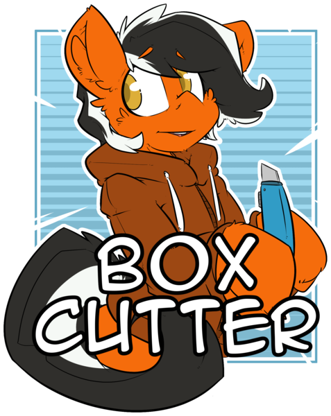 Size: 1651x2076 | Tagged: safe, artist:bbsartboutique, derpibooru import, oc, oc:box cutter, unofficial characters only, earth pony, pony, badge, box cutter, con badge, transparent background