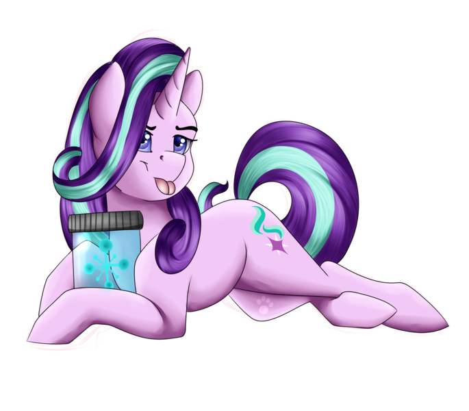 Size: 1200x1051 | Tagged: safe, artist:crecious, derpibooru import, starlight glimmer, pony, unicorn, bottle, cutie mark, prone, simple background, solo, tongue out, transparent background