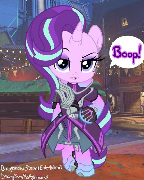 Size: 800x1000 | Tagged: safe, artist:dreamyeevee, derpibooru import, starlight glimmer, pony, unicorn, bipedal, boop, crossover, female, mare, overwatch, raised eyebrow, solo, sombra (overwatch), sombra glimmer