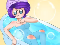 Size: 1400x1050 | Tagged: artist:rainicornarts, artist:rainicornmagic, barbie doll anatomy, bath, bathtub, breasts, bubble, cleavage, cutie mark eyes, derpibooru import, featureless breasts, female, human, humanized, looking at you, no nose, nudity, open mouth, rarity, simple background, solo, solo female, suggestive, wingding eyes, yellow background