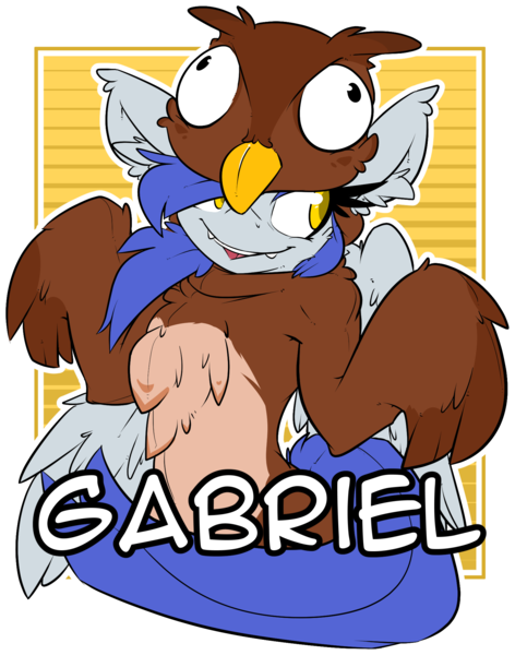 Size: 1609x2047 | Tagged: artist:bbsartboutique, badge, clothes, con badge, costume, derpibooru import, oc, oc:gabriel, owl, safe, transparent background, unofficial characters only