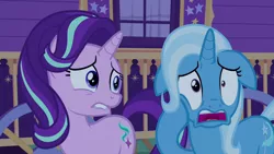 Size: 1280x720 | Tagged: safe, derpibooru import, screencap, starlight glimmer, trixie, to where and back again, floppy ears, hoof on cheek