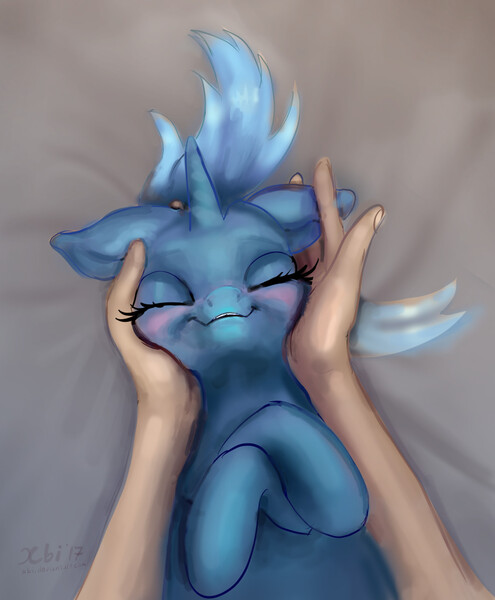 Size: 1061x1286 | Tagged: safe, artist:xbi, derpibooru import, trixie, human, pony, bed, cute, diatrixes, hand, happy, on bed, petting