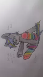 Size: 2322x4128 | Tagged: suggestive, artist:bender-drede, derpibooru import, oc, oc:dopami korpela, unofficial characters only, clothes, dopadash, female, implied rainbow dash, male, rainbow socks, shipping, sideways image, socks, solo, spread legs, spreading, straight, striped socks, tongue out, traditional art