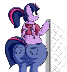 Size: 1450x1550 | Tagged: suggestive, artist:andelai, derpibooru import, twilight sparkle, twilight sparkle (alicorn), alicorn, anthro, chubby, clothes, fat, female, fence, large butt, love handles, muffin top, pants, plump, ponytail, shirt, simple background, solo, the ass was fat, thick, transparent background, twilard sparkle, twilight has a big ass, wide hips, wings