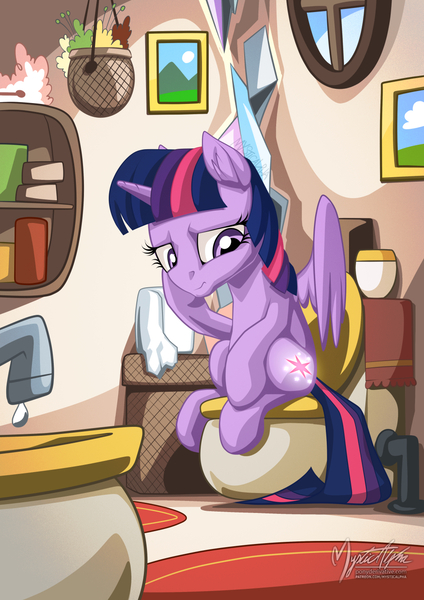 Size: 955x1351 | Tagged: safe, artist:mysticalpha, derpibooru import, twilight sparkle, twilight sparkle (alicorn), alicorn, pony, bathroom, book, bookshelf, but why, faucet, female, inconvenient, mare, solo, toilet