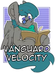 Size: 1661x2186 | Tagged: artist:bbsartboutique, badge, book, con badge, derpibooru import, oc, oc:vanguard velocity, reading, safe, unofficial characters only