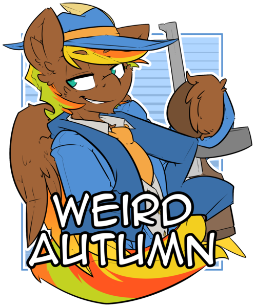 Size: 1782x2152 | Tagged: artist:bbsartboutique, badge, con badge, derpibooru import, gun, oc, oc:weird autumn, oc:whispering wind, safe, tommy gun, unofficial characters only, weapon