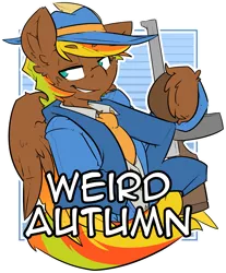 Size: 1782x2152 | Tagged: artist:bbsartboutique, badge, con badge, derpibooru import, gun, oc, oc:weird autumn, oc:whispering wind, safe, tommy gun, unofficial characters only, weapon