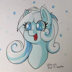 Size: 1280x1278 | Tagged: safe, artist:sugaryviolet, derpibooru import, oc, oc:snowdrop, unofficial characters only, pony, bust, cute, female, filly, inktober, inktober 2017, open mouth, smiling, solo, traditional art