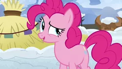 Size: 1280x720 | Tagged: safe, derpibooru import, screencap, pinkie pie, pony, not asking for trouble, raised eyebrow, snow, solo