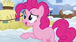 Size: 1280x720 | Tagged: safe, derpibooru import, screencap, pinkie pie, pony, not asking for trouble, raised eyebrow, snow, solo