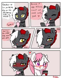 Size: 4300x5400 | Tagged: safe, artist:potzm, derpibooru import, oc, oc:lawyresearch, oc:lawyshadow, unofficial characters only, pony, unicorn, absurd resolution, blushing, chocolate, choker, colored pupils, comic, cute, drinking, ear piercing, earring, eyes closed, female, food, happy, heart, hoof hold, jewelry, mare, ocbetes, piercing, shipping, straw