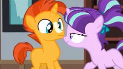 Size: 1280x720 | Tagged: safe, derpibooru import, screencap, starlight glimmer, sunburst, pony, uncommon bond, age regression, colt, colt sunburst, cute, female, filly, filly starlight glimmer, frown, i need an adult, lidded eyes, male, out of context, smiling, surprised, younger