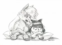 Size: 1400x1021 | Tagged: safe, artist:baron engel, derpibooru import, apple bloom, applejack, earth pony, pony, bow, female, filly, freckles, grayscale, hair bow, hatless, mare, missing accessory, monochrome, pencil drawing, pillow, prone, simple background, sketch, story included, traditional art, white background